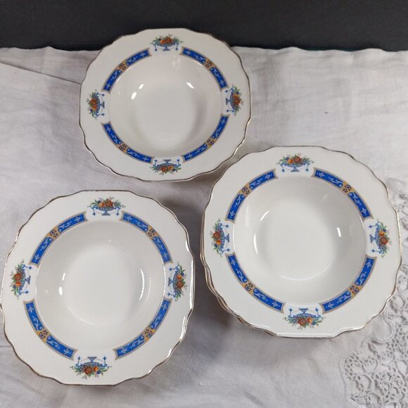 Myott Soup Bowls Fruit in Urn Set of 5 MYO100 Blue Band Scalloped Edge England - Picture 3 of 8